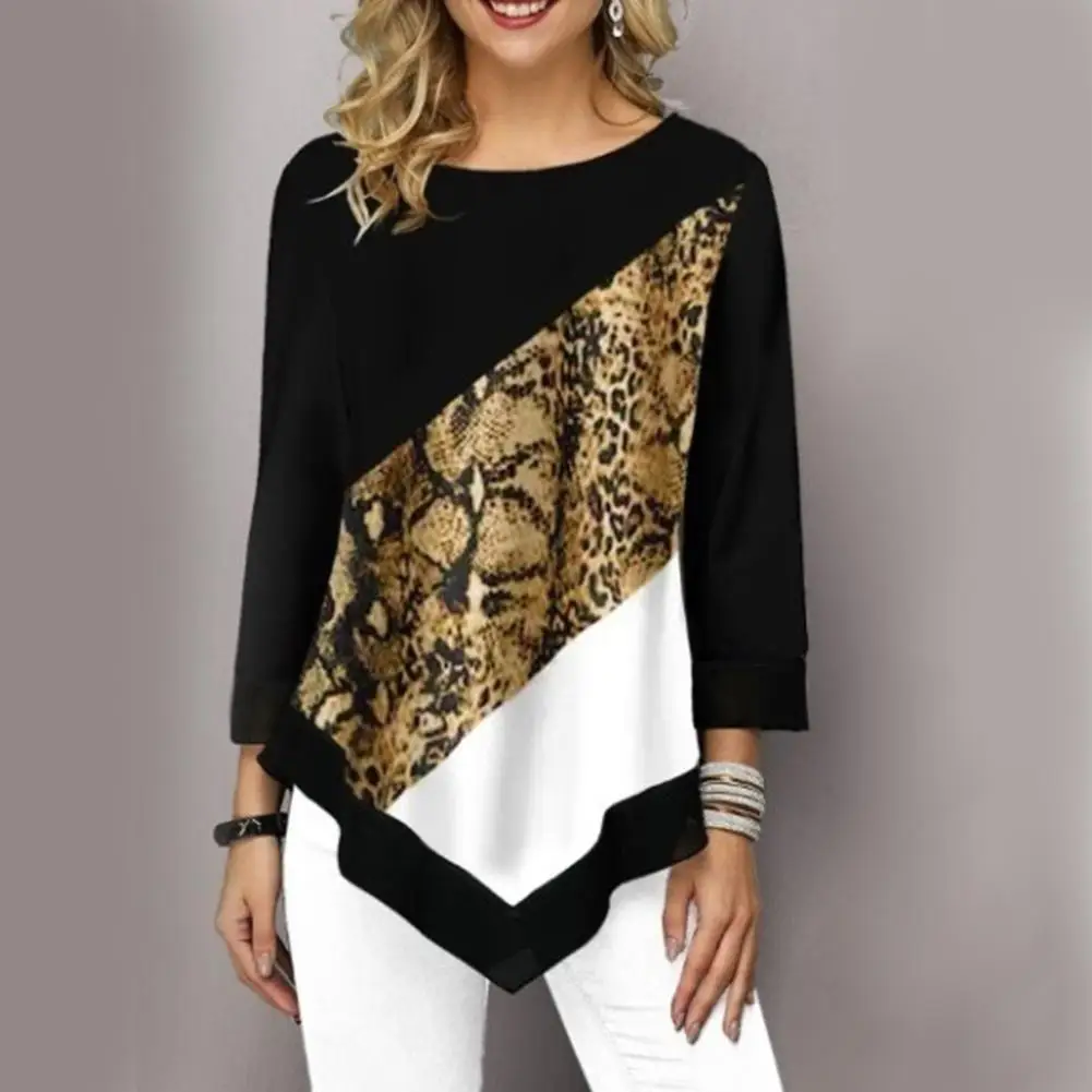 

Women Stylish O Neck 3/4 Sleeve Irregular Hem Leopard Patchwork Color Loose T-shirt Blouse