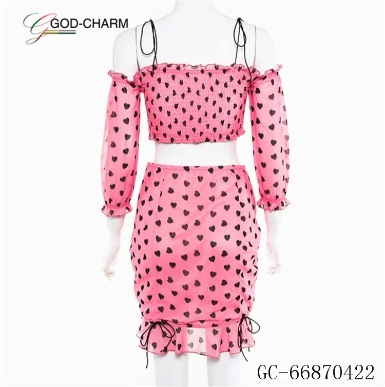 

S-66870422 Wholesale Set Ruffle Mini Skirt Pink Love Heart Print Lace Up Off Shoulder Crop Top Chiffon Women's Blouse Tops