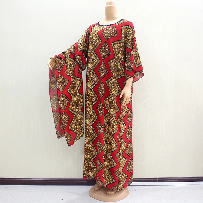 Женское длинное платье с шарфом элегантное красное из 100% хлопка круглым вырезом