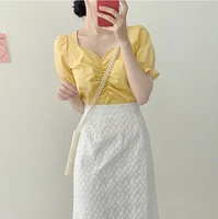 2021 new girls summer blouse women shirt white short sleeves tops high waist bud silk embroidery a line skirts two piece suits