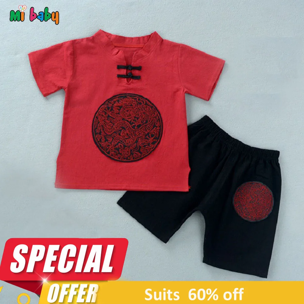 Традиционная Футболка с вышивкой для маленьких мальчиков и девочек в китайском