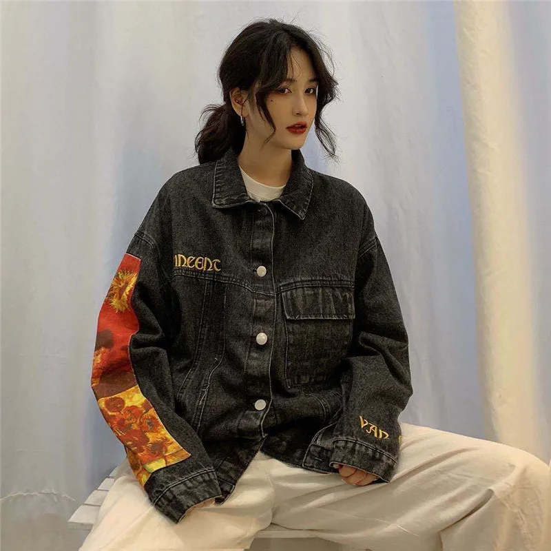 Длинная джинсовая куртка с мультяшным принтом Женская шикарная уличная одежда в