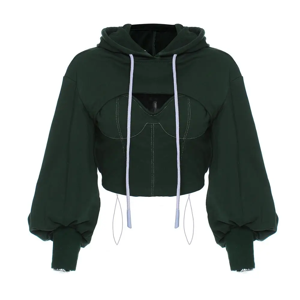 

MSXU Pure Color Women Sweater Hooded Hollow Fake Two-piece Hooded Long-sleeved Short Casual Jacket Female Trend