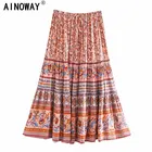 Винтажная шикарная Женская юбка в стиле хиппи с цветочным принтом и высокой эластичной талией, Пляжная богемная юбка из искусственного хлопка, трапециевидная юбка миди в стиле бохо