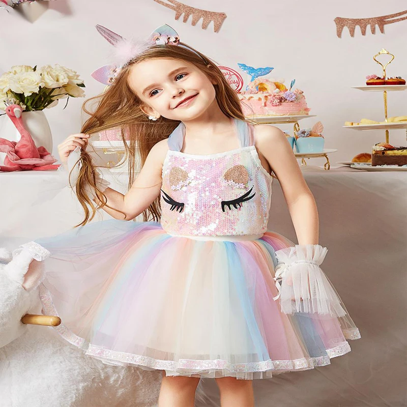 

Sequined Unicorn Dress for Girls 2021 Summer Lace Ball Gown Children Clothes Unicorn Party Princess Costume Size 3-8 Years