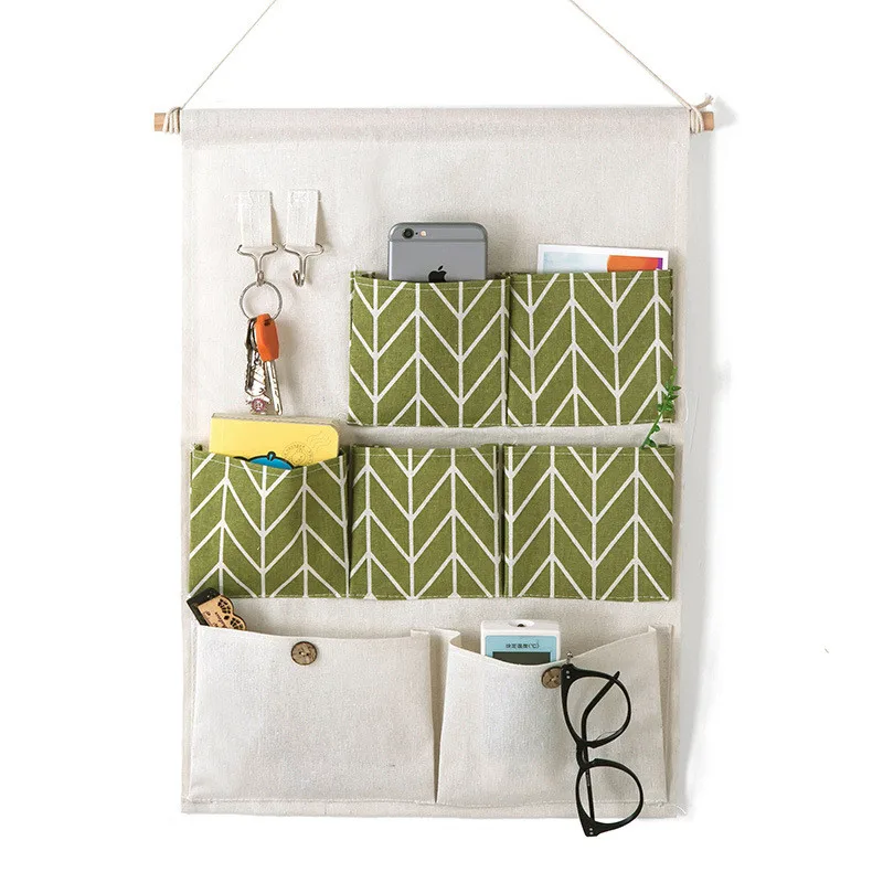 Cotton And Linen Hanging Bag Seven Grid Pockets Can Be Hanged Key Storage Door Wall Hook |
