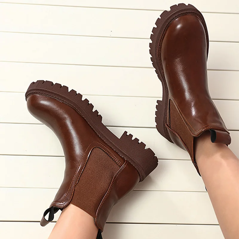 

Женские ботинки из искусственной кожи без шнуровки, женские ботильоны челси, женская модная Ретро обувь, женские ботинки, Осень-зима