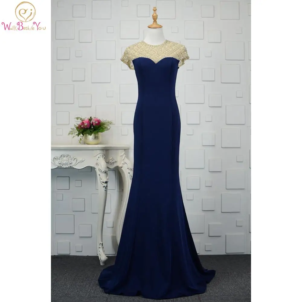 

Elegant Mermaid Evening Dresses 2020 Navy Blue Beading Crystal Long Cap Sleeve Satin Prom Gowns Keyhole Back Formal Women Wear