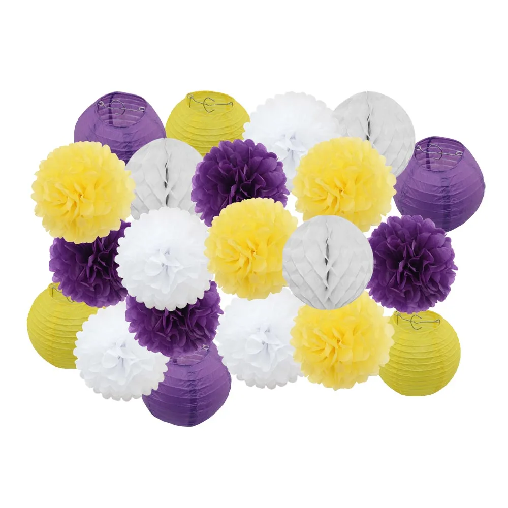 Purple Yellow Set Горячая распродажа 21 шт./компл. розовый набор круглых Бумага Фонари для маленьких девочек украшение для детей крещение вечерние декор висит Изделия из бумаги орнамент - Цвет: Purple Yellow Set