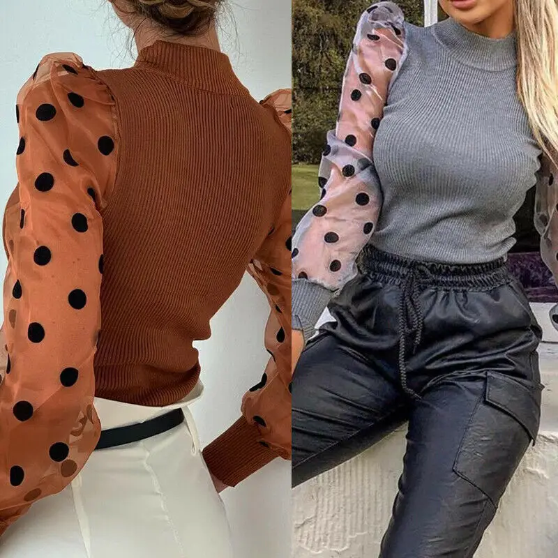 Женская прозрачная сетчатая вязаная блузка с пышными длинными рукавами в