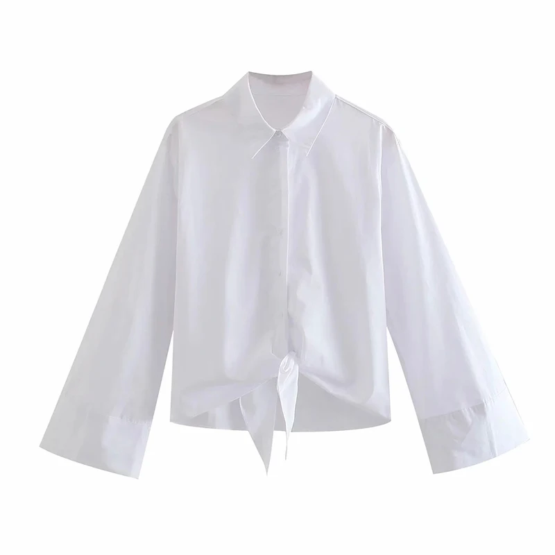 

Women Fashion White poplin shirt with tied Female cotton long cuffed sleeves asymmetric hem button-up collared shirt top 2021