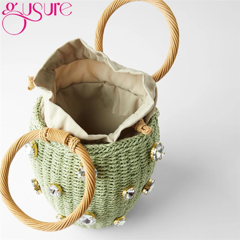 Gusure Green Diamonds Straw Handbags For Women Hand-woven Rattan Bag Female Tote 2021 New Summer Holiday Bohemia Beach |