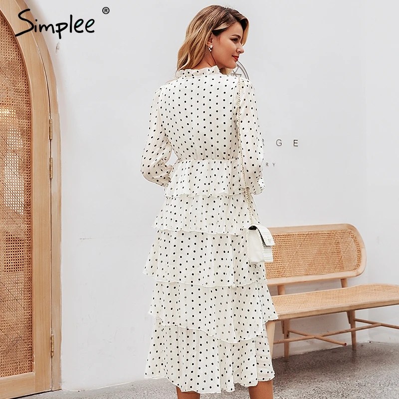 Simplee Elegant polka dots dress women Long sleeve ruffled long cake dresses female Vintage ladies evening party vestidos | Женская