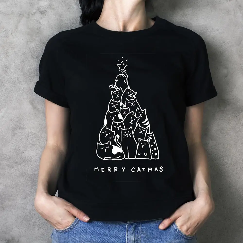 Новогодние майки Merry Catmas Женская забавная Футболка с принтом кота деревьев Kawaii