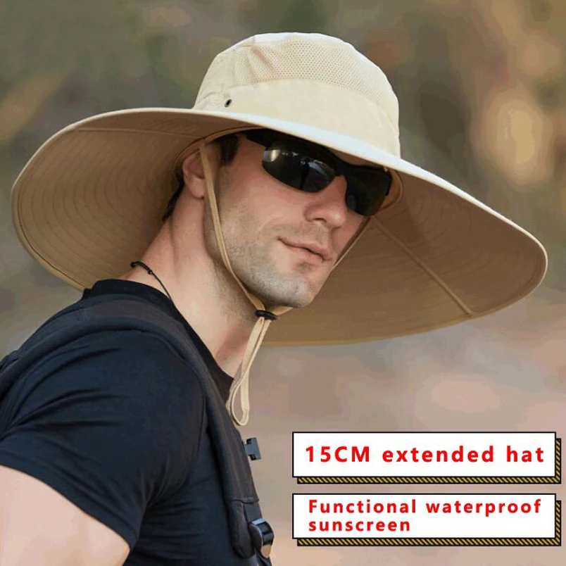

High quality 15CM Big wide Brim Men's Fisherman Hat Solid Waterproof Sun Hat Mountaineering Cap Fishing Cap Panama Hat Unisex