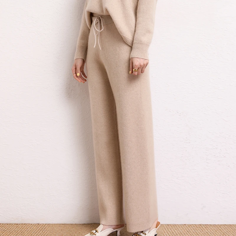 2021 New Autumn Winter Women 100% Cashmere Pants Soft Comfortable High-Waist Knitted Female Cashmere Thicken Wide Leg Pant