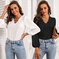fashion womens new 2021 spring summer casual v neck chain chiffon tops ladies lantern sleeve solid color blouse loose top