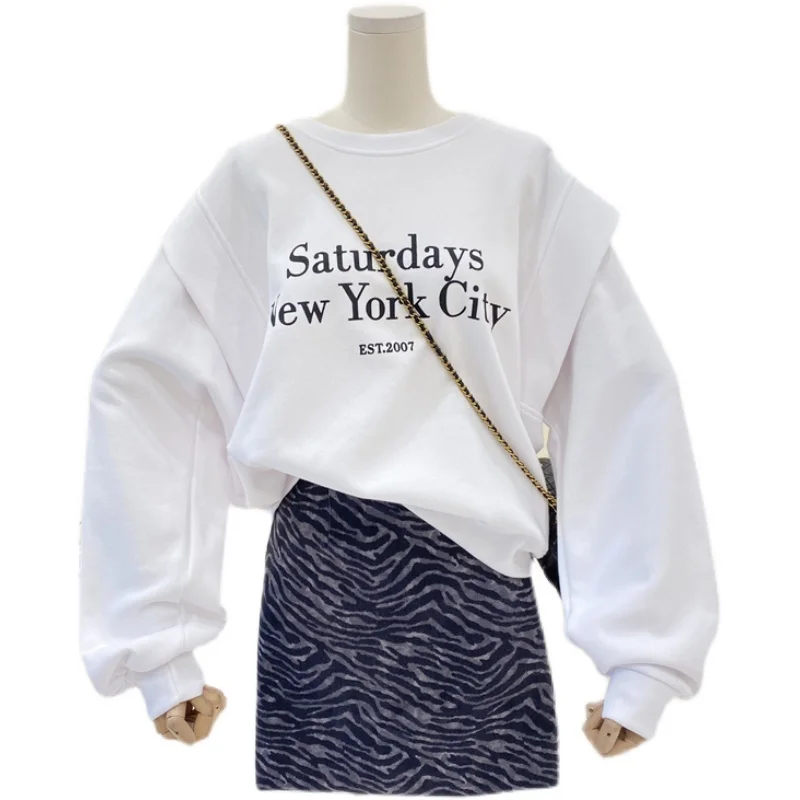 

2021 New Spring Korean All-Match Letters Printed Princess Shoulder Loose Plus Size Fashion Thin Long Sleeve Sweatshirt for Women