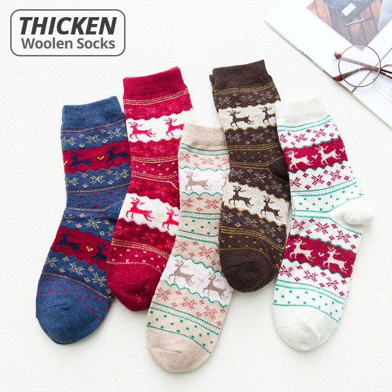 

HSS Brand Thicken Women Christmas Socks Warm Rabbit Wool Winter Sock High Quality Cotton Casual Fawn Snowflake Pattern socks