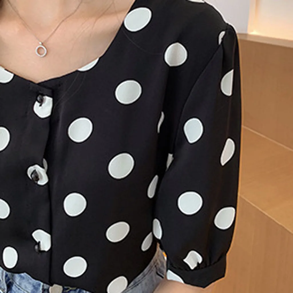 

Blouse Women's Fashion Casual Short Sleeve Polka Dot O-neck Casual Tops Button Shirts 2021 Blusas Mujer De Moda @