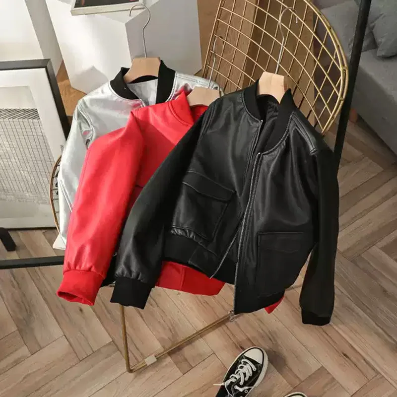 

Autumn 2020 New Silver Faux Leather Jacket Women's Short Coat Pilot Motorcycle PU Leather Jacket Fashion Versatile Baseball Suit
