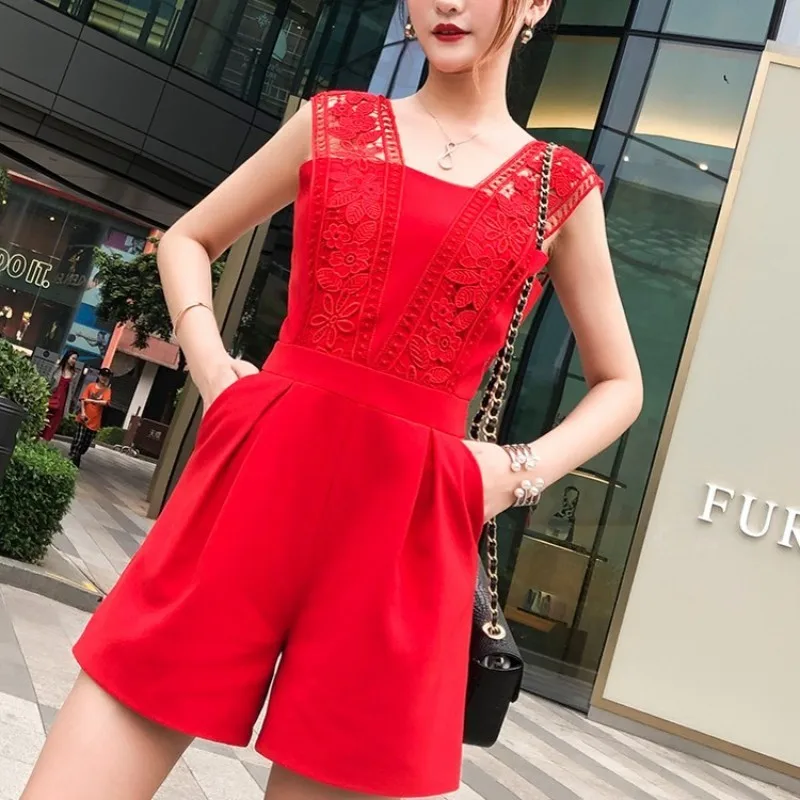 

Woman New Lace Sling One Piece Backless High Waist Short Playsuit Casual Summer Female White Sleeveless Jumpsuit