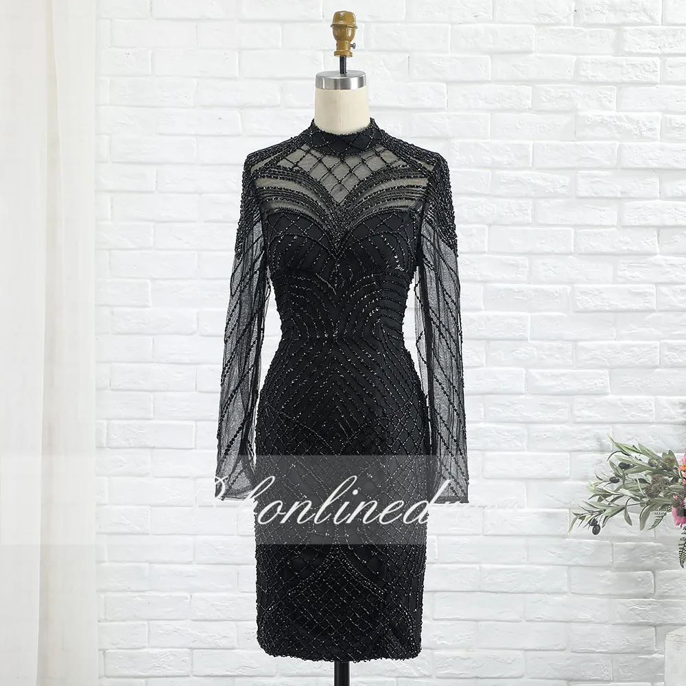 Черное коктейльное платье Bbonlinedress с длинным рукавом и высоким воротником