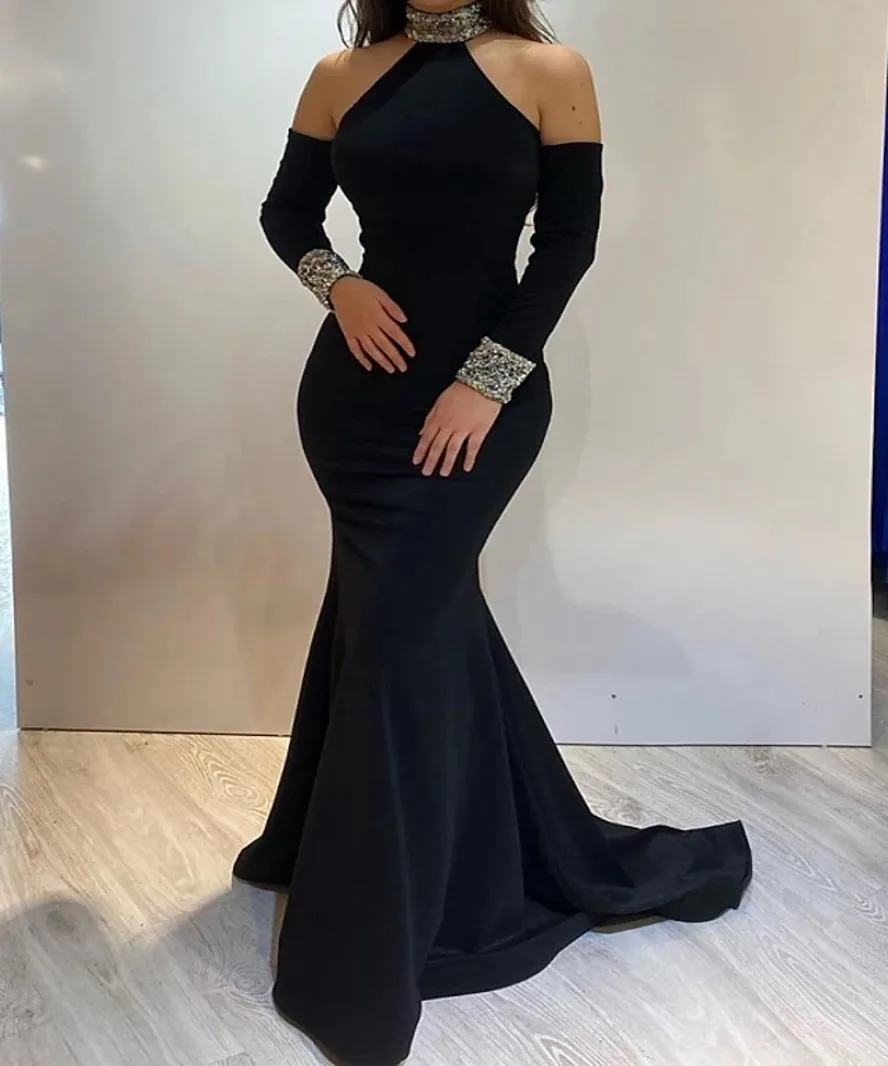 

Elegant Black Evening Dress 2021 High Neck Long Sleeve Beading Satin Prom Party Gowns Plus Size Vestidos De Fiesta Robe Longue