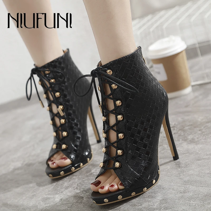 

Women's Genuine Leather Ankle Strap Roman Boots Sexy Rivet Zip Peep Toe Low Platform Stiletto High Heels Elegant Lace Up Shoes