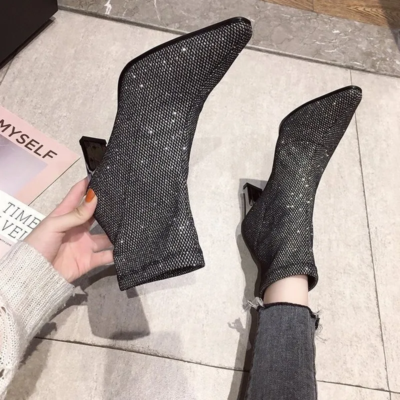 Slim Stretch Ankle Boots for Women Pointed Toe Sock Square High Heel Shoes Woman Fashion Crystal Shine Female | Обувь
