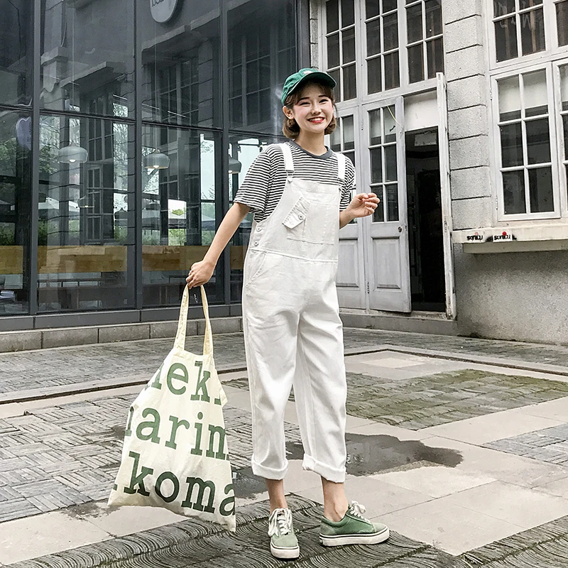 Комбинезоны для женщин с буквенным принтом фиолетовый Harajuku простой в Корейском стиле студенческие женские Комбинезоны свободные Kawaii повседневные до середины икры шик