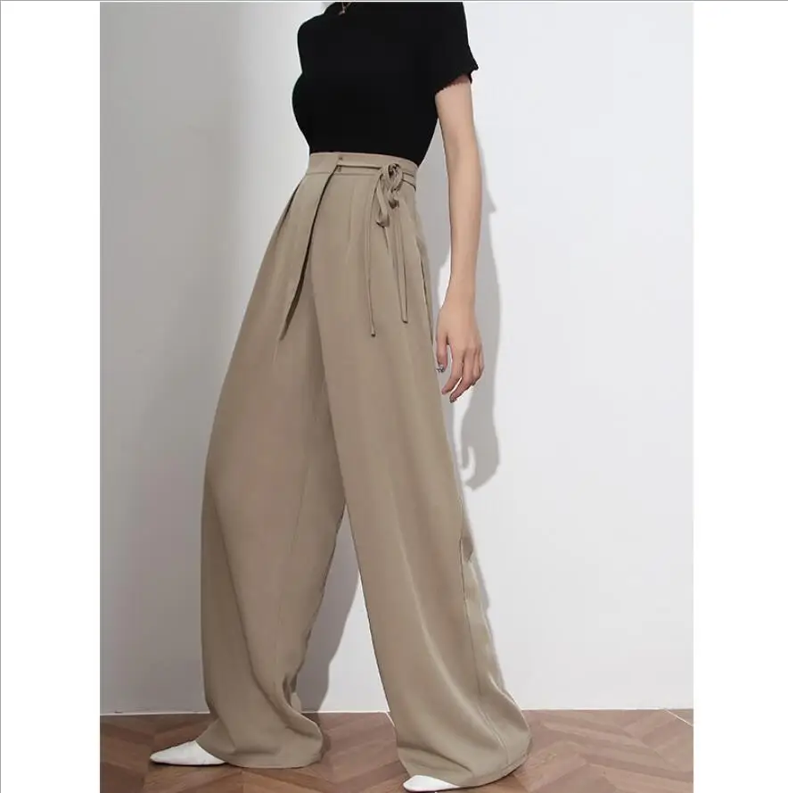 

Новые стильные длинные брюки для осени, Дизайнерские повседневные брюки с боковым поясом, прямые брюки, драпированные широкие брюки с драпи...