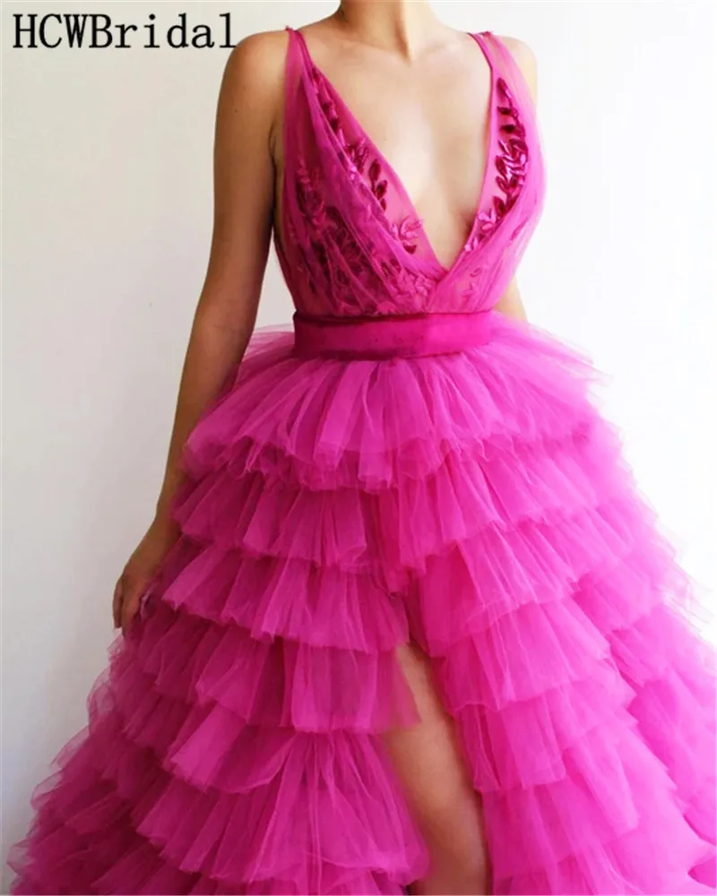 

Luxury Fuchsia Arabic Evening Dress 2020 Custom Made V Neck Floor Length Tiered Tulle Long Special Occasion Dresses Women Gowns