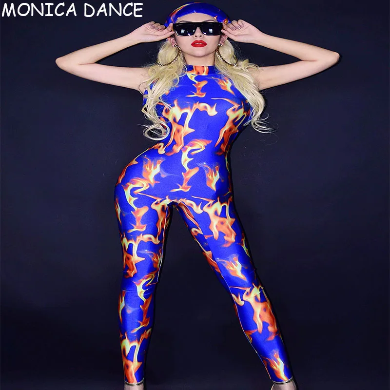 Sexy Stage Flame Pattern Sleeveless Blue Spandex Jumpsuit Women Dancer Bar Outfit Cosplay Show Wear Prom Leggings Jumpsuit