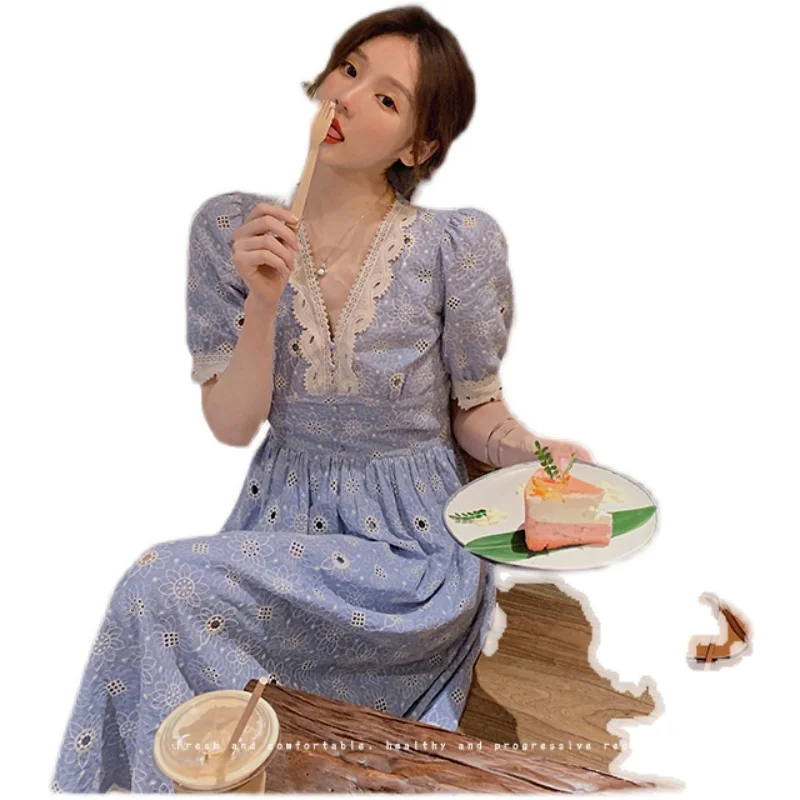 

COIGARSAM Women Dress Summer National Wind Vintage Embroidery Puff Sleeve Hollow Out Brief Blue Long Dresses Traf Robe