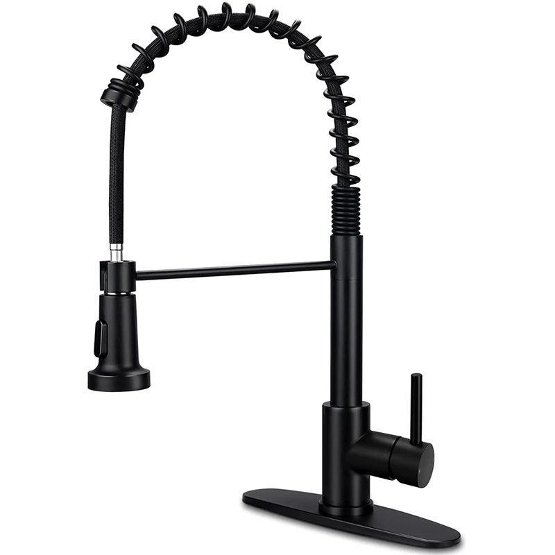 

Matte Black Kitchen Faucet With Pull Down Sprayer,Commercial Spring Kitchen Sink Faucet With Deck Plate,Stainless Steel