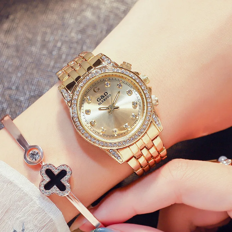 

Часы наручные стразы женские с бриллиантами, брендовые роскошные золотистые, с браслетом