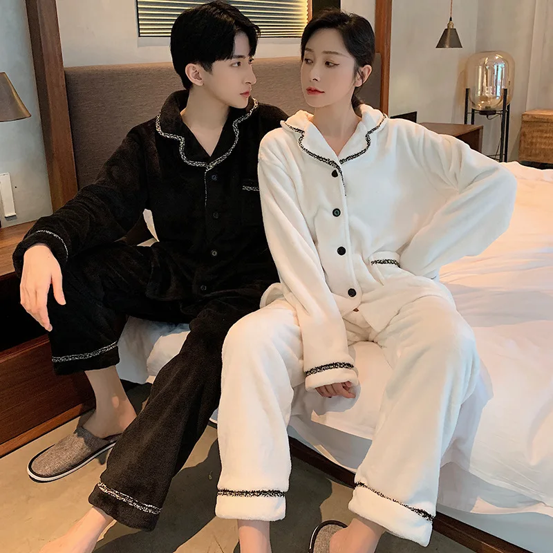 

Harajpee Warm Lovers Pajamas Autumn Winter Turn-down Collar Couple White Medium Thick Flannel Home Wear Clothing 2 Piece Sets