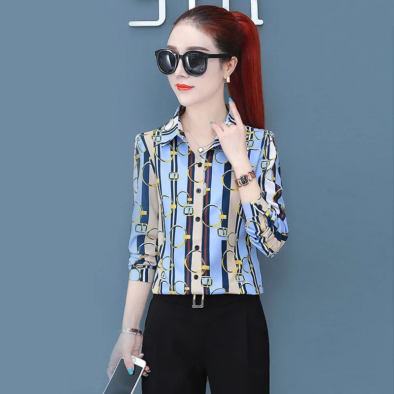 

Casual OL Shirt Blouse Women stripe Printed long Sleeve Plus Size Women Tops And Blouse turn-down collar Blusas Mujer