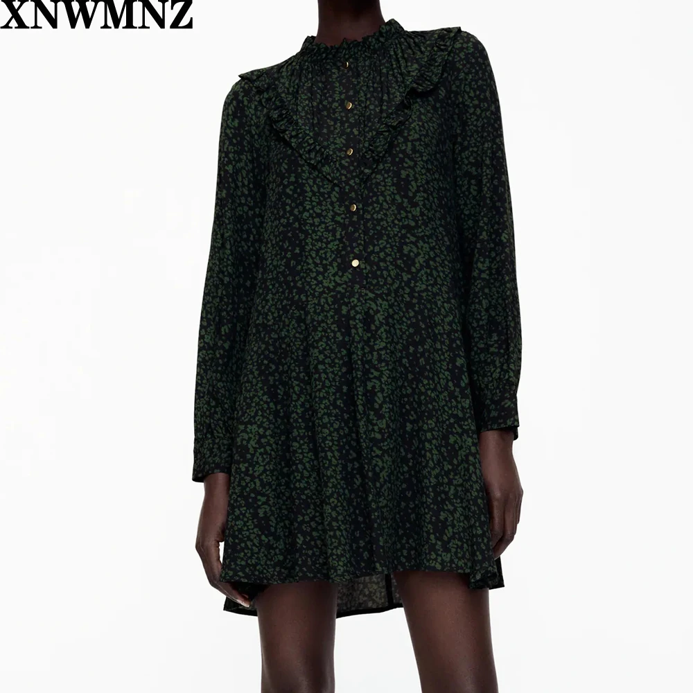 

Платье-мини женское ТРАПЕЦИЕВИДНОЕ, с высоким воротом, длинными рукавами, манжетами и пуговицами