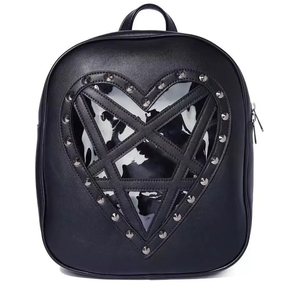 

Brand New women's Black Punk Gothic Style Transparent Design Heart Backpack Bags Woman Fashion Rivet Ladies Party Bags