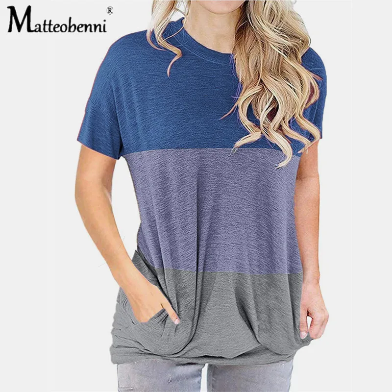 

Pocket T-shirt Women Striped Tops Tee Summer Short Sleeve Tee Shirts 2021 New Patchwork Slim Fit O-neck T Shirts 5XL Tops Ladies