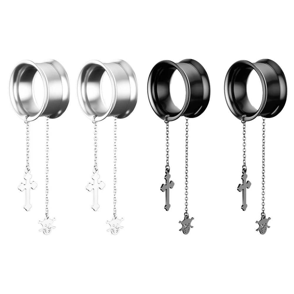 

1 Pair Steel Cross Earrings Drop Dangle Ear Plugs Flesh Tunnels Piercing Skull Pendant Ear Gauges 0g-16mm Women Men Punk Oreja