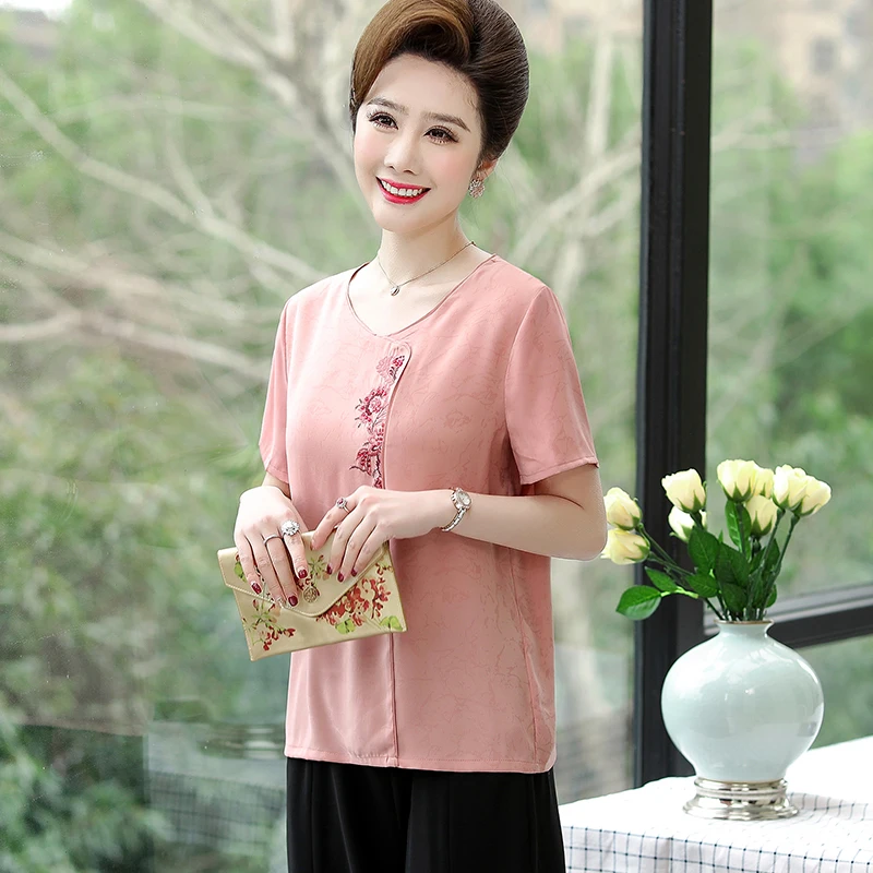 

Summer Fashion Women Embroidrey Chiffion Blouse Elegant Mother Floral Casual Clothes Short Sleeve