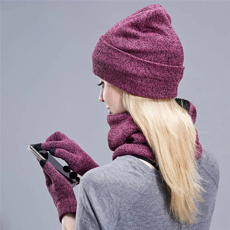 

New Knitted Scarf Gloves Hat Set Female Circle Neck Screen Touch Finger Warm Scarves Glove Comfortable Three-piece Warm Set