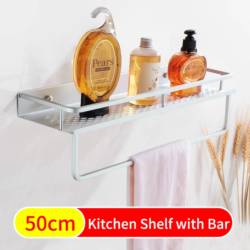 Matte with Bar-50cm Кухонная полка хранения приправа алюминиевая кухонная стойка Органайзер с полотенцем Бар настенный специй навесная полка для ванной комнаты черный - Цвет: Matte with Bar-50cm