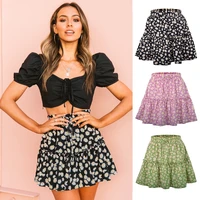 2022 summer printed loose short skirt female retro floral daisy pleated pleated mini skirt