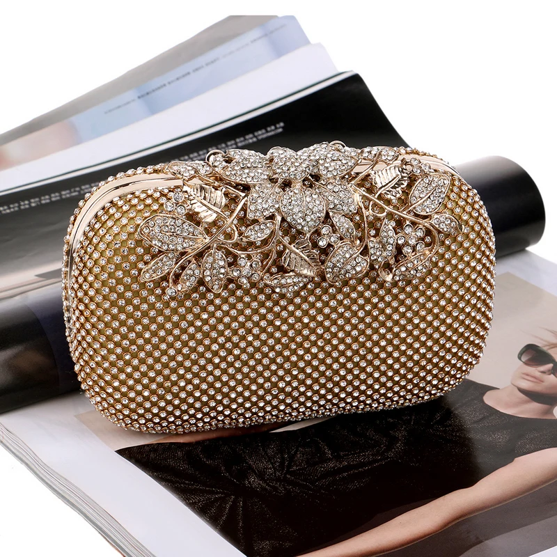 Metal Diamonds Clutch Leaf Chain Shoulder Party Evening Bags Golden Wedding Handbags Dinner Cocktail Purse