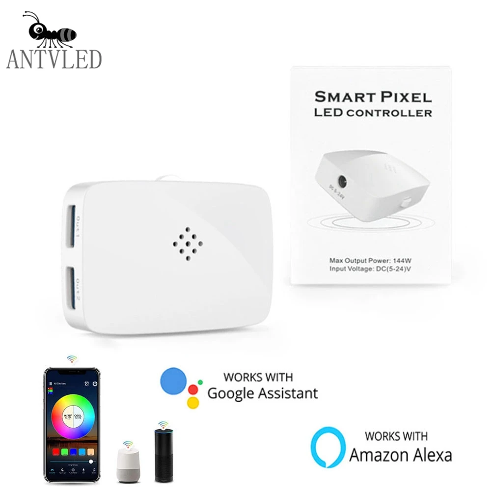 

WIFI WS2811 WS2812B WS2815 SK6812 RGB LED Strip Light Controller Alexa Google Phone Music Voice 2 Output IOS Android APP DC5-24V