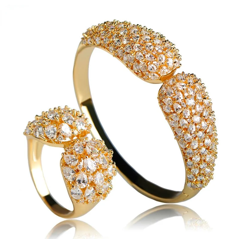 

BLUCOME Simple Style Silver Color Full Zirconia Bracelet Bangle Ring Jewelry Sets For Women Wedding Decoration Hand Accessories